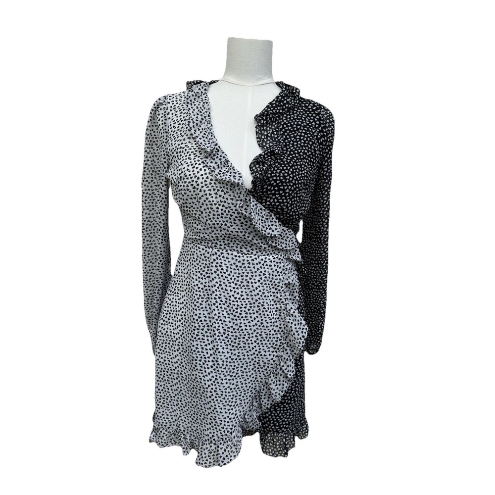 Nasty Gal Heart Print Wrap Mini Dress Black White Ruffle Long Sleeve Size 6
